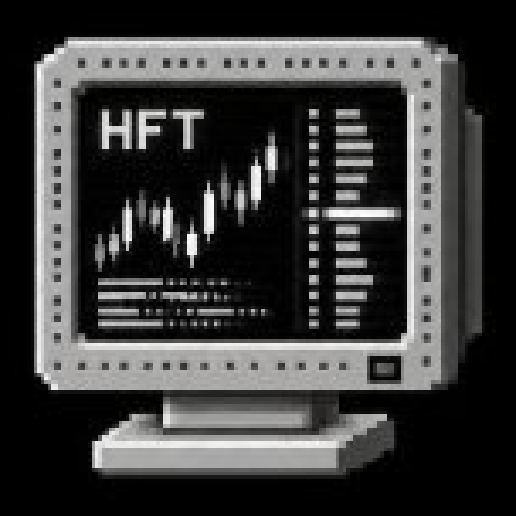 Pixel-art CRT monitor showing HFT, a red candlestick chart and an order book